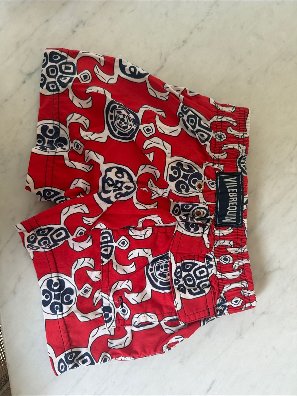 Vilebrequin Red Swim Trunks with Navy and White Motif